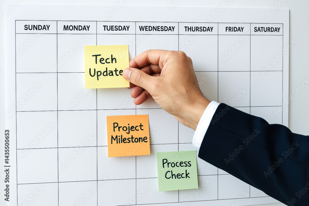 Poster a professional hand positions colorful sticky notes on a calendar to emphasize key business strategi
