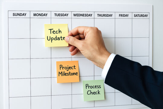 A professional hand positions colorful sticky notes on a calendar to emphasize key business strategies project milestones and essential process checks