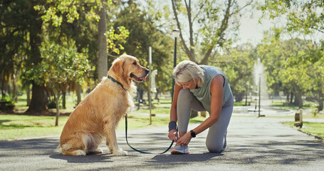 Dog walking, lace and tie with woman in park for cardio exercise, fitness or health hobby. Leash training, obedience and pet performance with mature animal owner outdoor in nature for summer workout