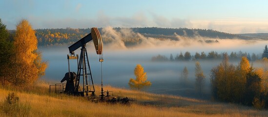 Naklejka premium Oil pump jack in autumn mist