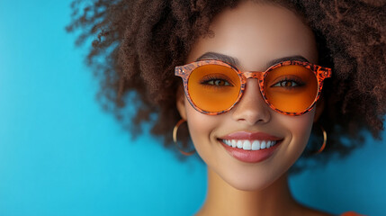 Portrait of a young mulatto woman with sunglasses on a blue background
