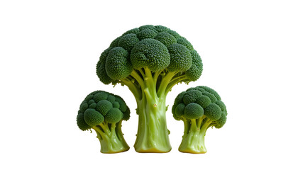 Photorealistic broccoli, three broccoli florets standing upright isolated on pure white background.