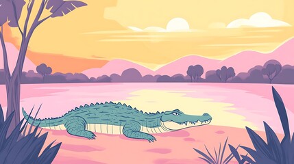 Crocodile Sunset Riverbank.