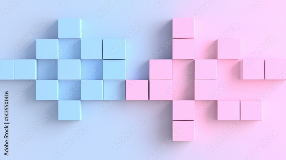 Poster a 3d rendering of a grid of pink and blue cubes.