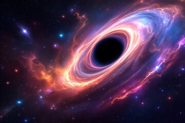 Realistic black hole with glowing event horizon and swirling galaxy in deep space