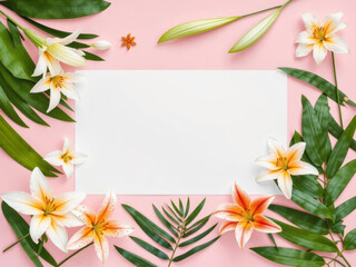 Fototapeta premium Bright Floral Arrangement with White Blank Space on Pink Background for Creative Projects