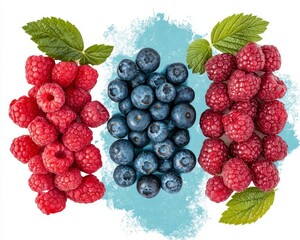 Red Raspberries and Blue Blueberries on Light Blue Background