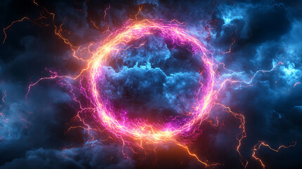 Dramatic electric storm portal with lightning strikes and dark cloudy sky creates an energetic science fiction or fantasy scene