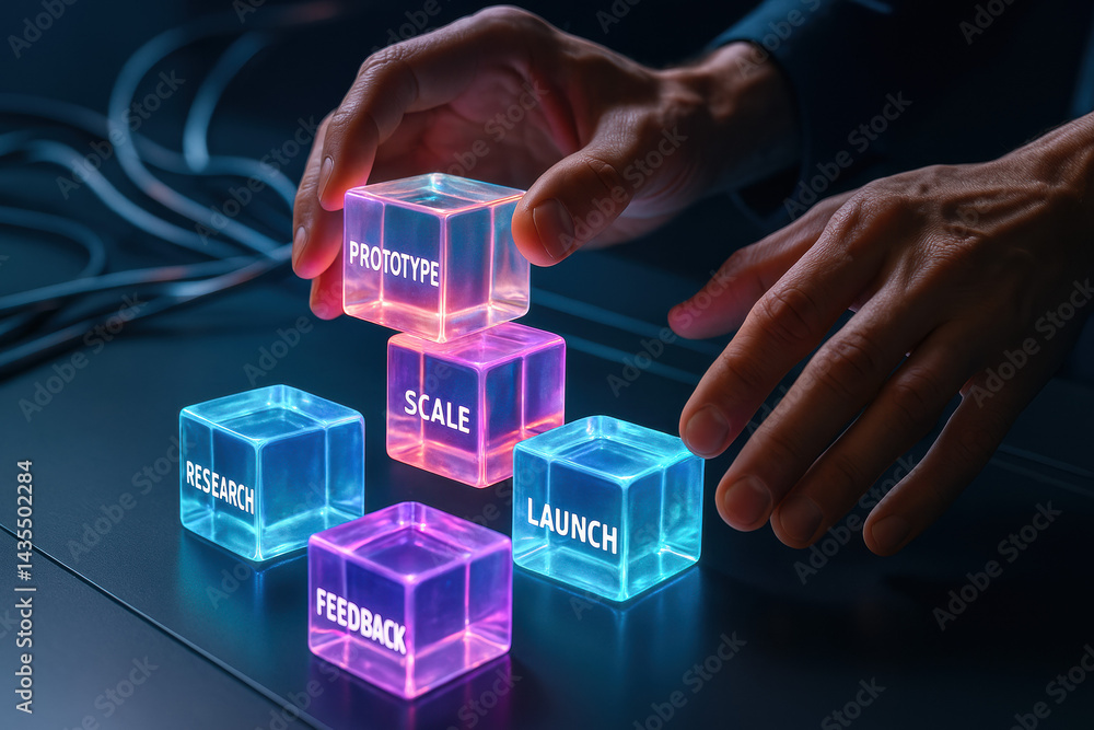 Aufkleber a strategic business environment is portrayed by hands arranging glowing glass blocks symbolizing re