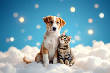 Cute puppy and kitten sitting side by side on fluffy clouds with glowing lights, dreamy background