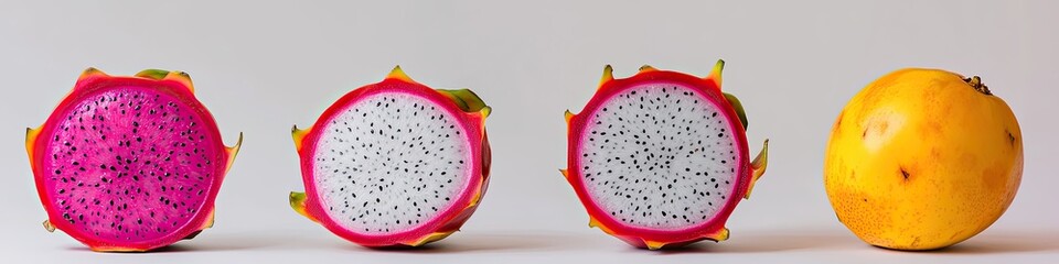 Three dragon fruits, pink, white, and yellow fruit