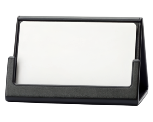 Tabletop name card holder with a blank display on a transparent background