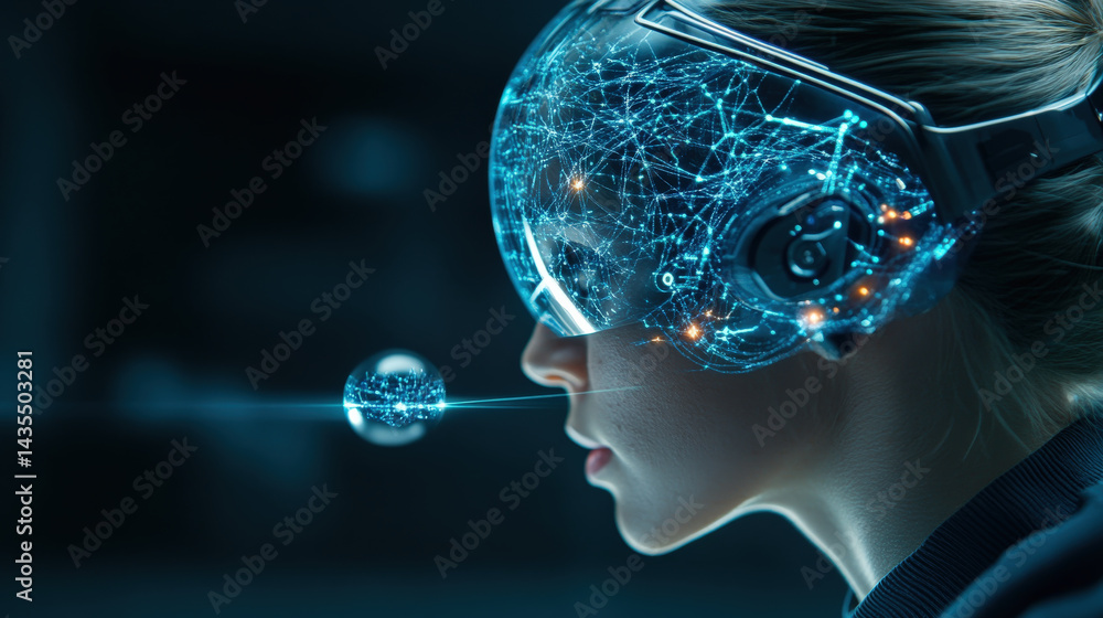 Poster person wearing sleek neural interface headset is captured in cinematic side shot, with futuristic di