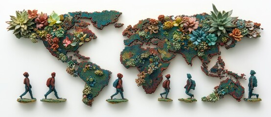 Colorful Succulent World Map Mosaic with Miniature Hikers