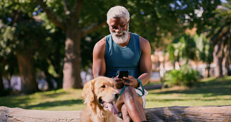 Break, dog walking and phone with black man in park for cardio exercise, fitness or health hobby....