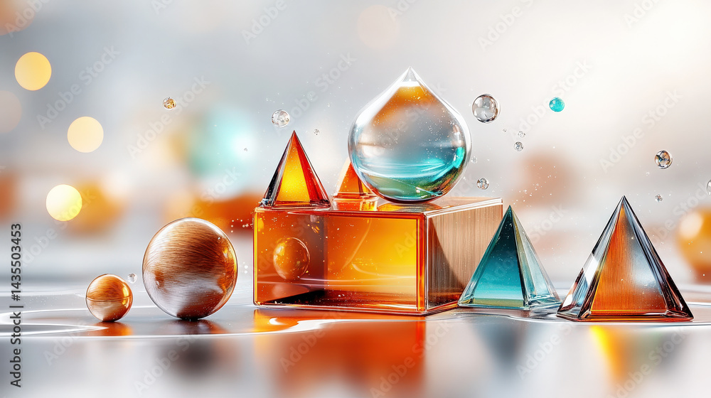 Aufkleber collection of colorful geometric shapes, including spheres, pyramids, and cubes, is arranged reflect