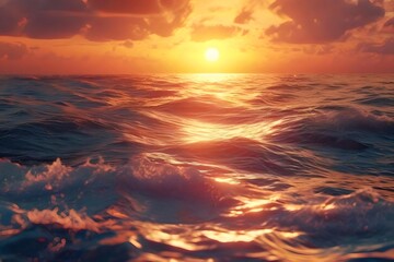 夕焼け時の海面 太陽光が水面を照らす 穏やかな海 波が立つ 水平線と雲の風景