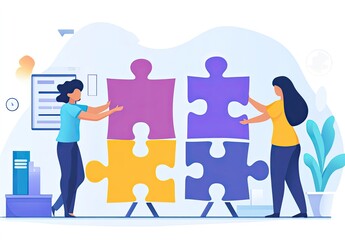 Two people putting together a puzzle of different colors