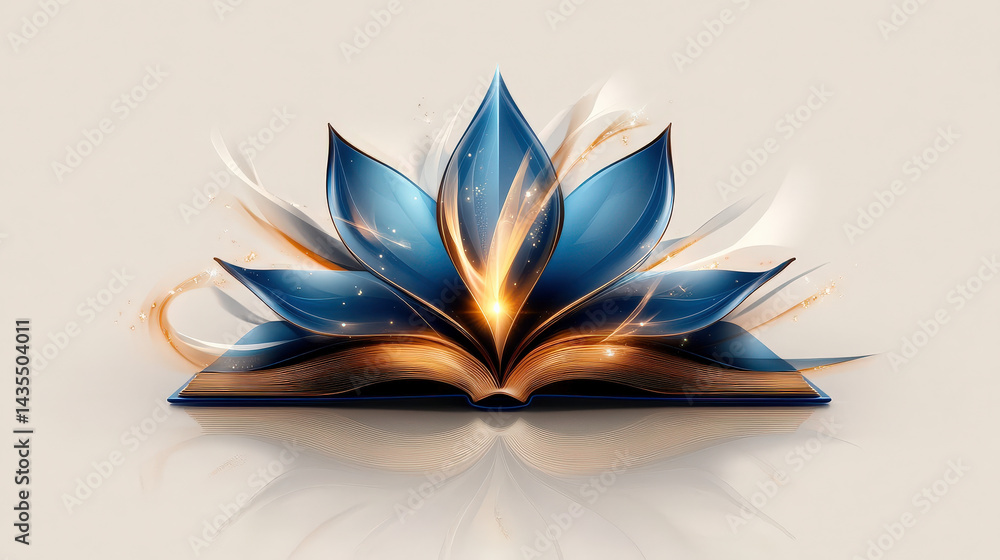 Aufkleber beautifully designed open book with blue lotus flower emerging from its pages, symbolizing knowledge