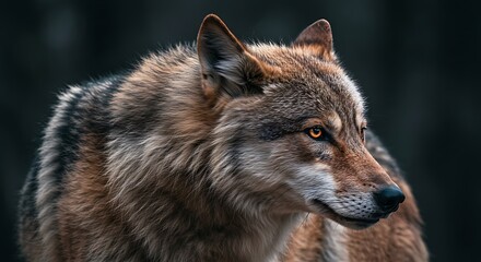 Fototapeta premium Majestic Wolf Portrait: Intense Gaze, Fur Detail, Dark Background