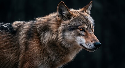 Fototapeta premium Majestic Wolf Portrait: Darkly Lit Fur, Intense Gaze