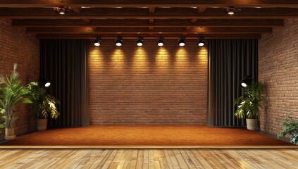 Exposed brick wall stage with wooden ceiling, lighting, and curtains