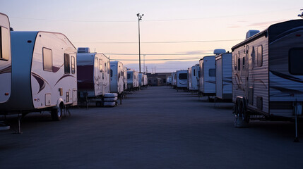 Numerous 5th Wheel camper brands, including Fuel, Springdale, and Guide, are kept at a storage location.
