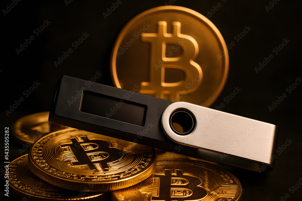 Poster digital currency and secure wallet: a gleaming hardware wallet rests upon a pile of golden bitcoin c