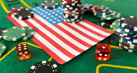 poker chips, usa flag on blackjack table