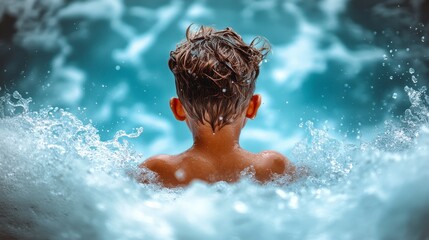 Playful Boy Splashing in Ocean Waves, Rear View