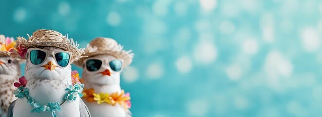 Coole M&ouml;wen mit Strohh&uuml;ten und Hawaii-Ketten auf hellblauem Hintergrund &ndash; Lustige Sommer- und Urlaubsstimmung