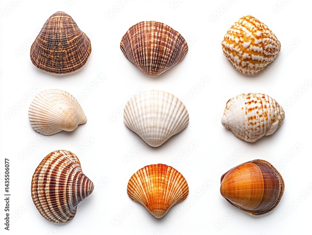 Poster nine diverse seashells arranged in a grid against a white background, showcasing variations in color