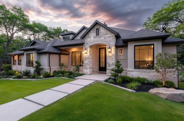 A beautiful, modern single-story home in the heart of Texas, featuring a large front yard with green grass and an illuminated entrance at dusk