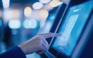 A traveler at an airport immigration checkpoint uses a transparent digital kiosk with biometric passport and facial scan, highlighting seamless ai-powered verification in modern airport environments