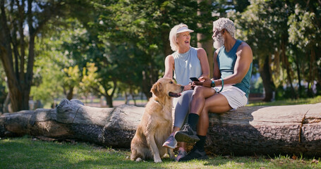 Mature couple, dog and park with phone and chat in retirement with social media and pet. Morning,...