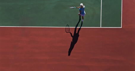 Tennis, hit and woman on outdoor court with challenge, performance and action game from above. Racket, serve and professional athlete at lines for fitness, wellness and competition at sports club