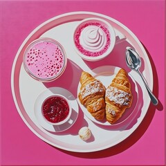 Pink Breakfast Tray with Croissants and Beverages