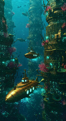 Steampunk underwater city with brass submarines sailing among bioluminescent coral skyscrapers