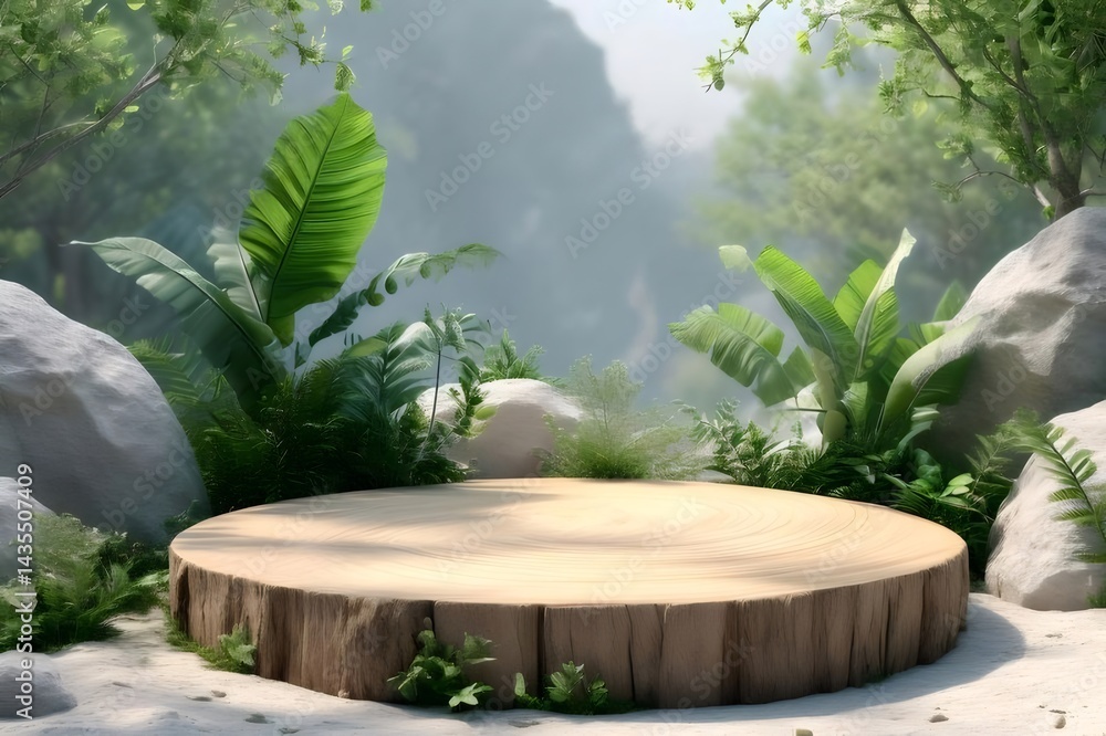 Poster 自然の木の切り株プラットフォームと緑の葉と草の夏の屋外風景