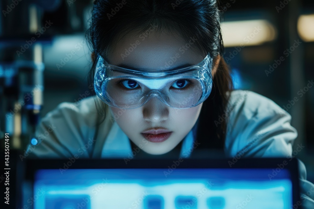 Poster a focused female scientist in safety goggles intensely examines data on a computer screen in a labor