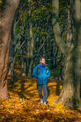 Naklejka premium Outdoor adventurer with beard in a blue jacket enjoying a peaceful autumn hike among tall trees and vibrant leaves.