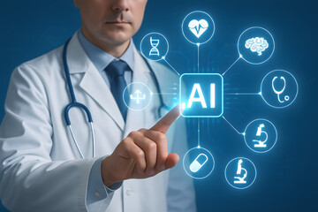 AI-assisted Healthcare: A doctor utilizes AI, showcasing cutting-edge technology's role in modern medicine and healthcare. 