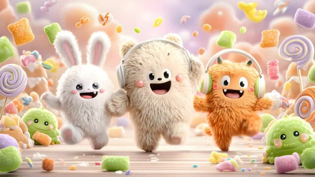 joyful kawaii characters in candy land kawaii monster friends dancing in candy land, cute fluffy monsters dance with pastel sweets, kawaii candy dance animation background dancing friends