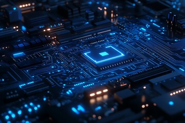Fototapeta premium Close-up of futuristic microchip on circuit board with glowing orange and blue lights in a high-tech environment