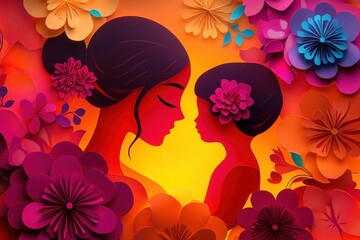 Mother and child silhouettes surrounded by colorful paper flowers.