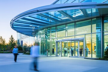 Elegant glass entrance of a wellness center with curved canopy and transparent automatic doors, showing blurred staff and patients in motion as part of urban healthcare design captured at twilight