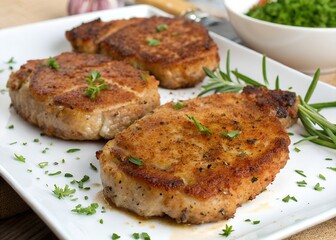 Close-up of three delicious, crispy pan-fried pork chops, golden brown and seasoned to perfection.