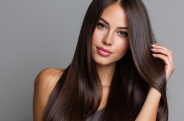 Naklejka premium A beautiful woman with long, straight hair poses for the camera against a gray background