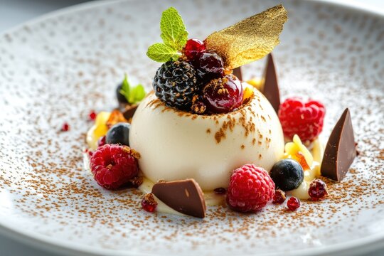 Close-up of a luxury plated dessert featuring edible gold leaf, fine chocolate decoration, and fresh berries, highlighting gourmet artistry at a high-end restaurant during an exclusive dining event.