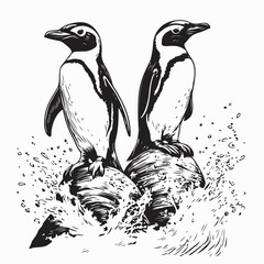 Two Penguins Standing on a Rock by the Sea with Waves Crashing Below